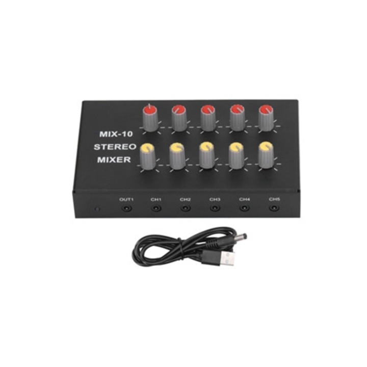 Mixer audio 10 canale, amplificator stereo, 10 intrari, 2 iesiri, alimentare 5-12V DC