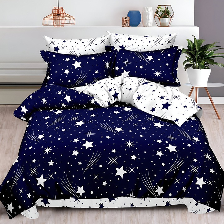 EmonaMall S18529 ágynemű, 6 részes, gumis, kétoldalas, sötétkék/fehér