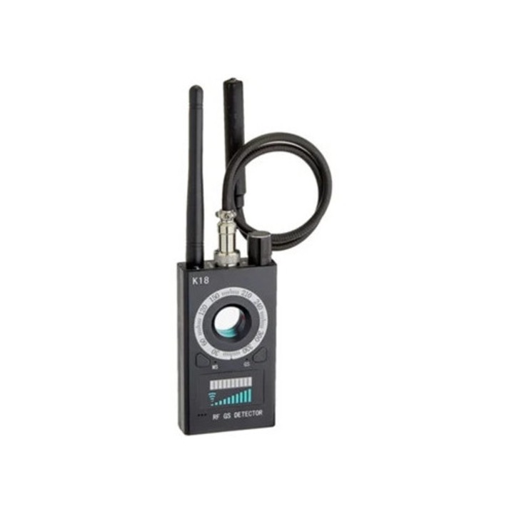 Detector spionaj multifunctional RF wireless pentru camere ascunse, laser, GSM, cu alarma, negru