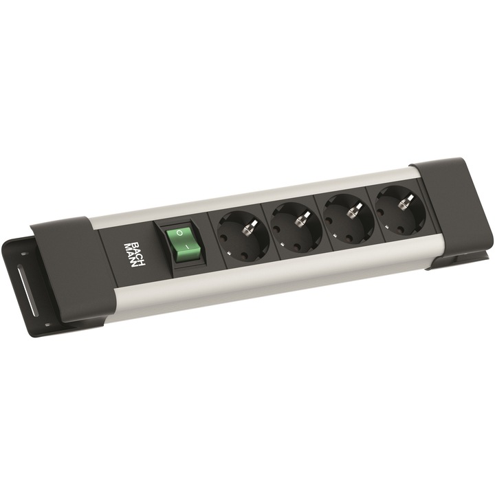Prelungitor cu intrerupator Bachmann CONNECTUS BM005906, 4 x schuko CEE7/3, 2 m lungime cablu CEE7/7, IP20, Gri