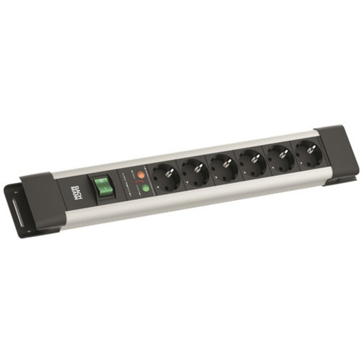 Prelungitor cu intrerupator Bachmann CONNECTUS BM005904, 6 x schuko CEE7/3, 2 m lungime cablu CEE7/7, protectie supratensiune, IP20, Gri