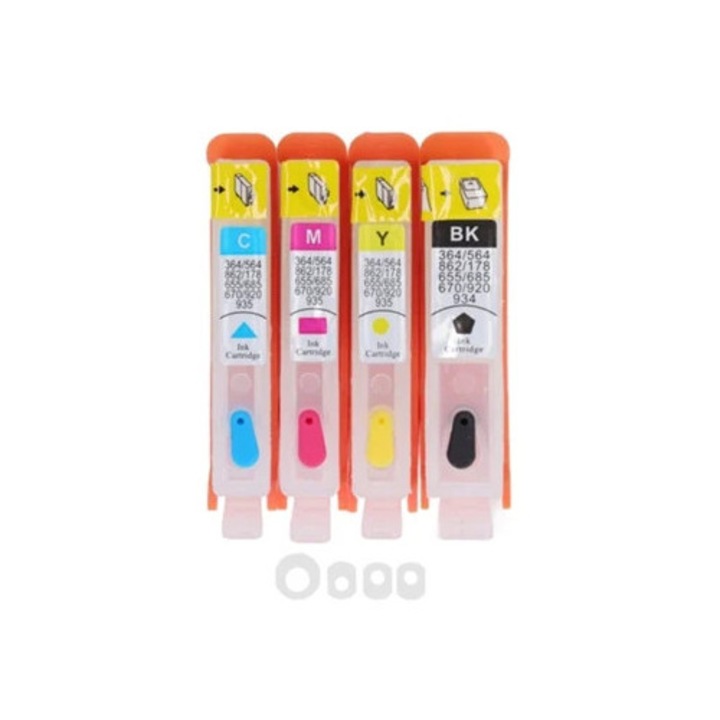 Tintasugaras nyomtatópatronok, 4 darabos készlet, fekete, kék, magenta, sárga, újratölthető, állandó chippel