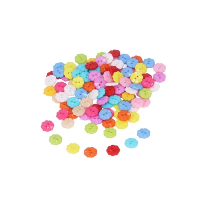 Butoni Flori 200 bucati, culori vii, plastic durabil, pentru crafturi, haine, genti