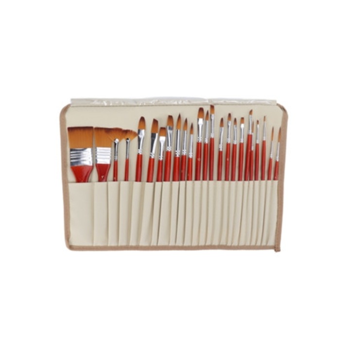 Set de pensule pentru artist, 24 piese, fire de nailon, maner din lemn, acuarela, acrilic, ulei
