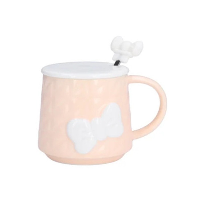 Cana ceramica 400ml cu capac si lingura din otel inoxidabil, set pentru cafea, ceai sau lapte