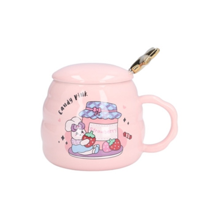 Cana ceramica 450ml cu capac si lingurita pentru cafea si ceai, set