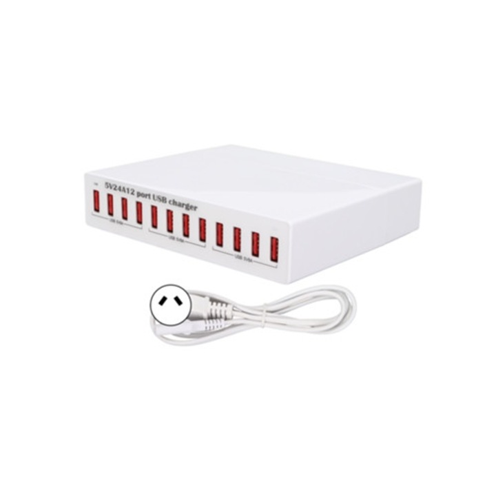 12 portos USB elosztó, intelligens töltés 100-240V, LED kijelzővel