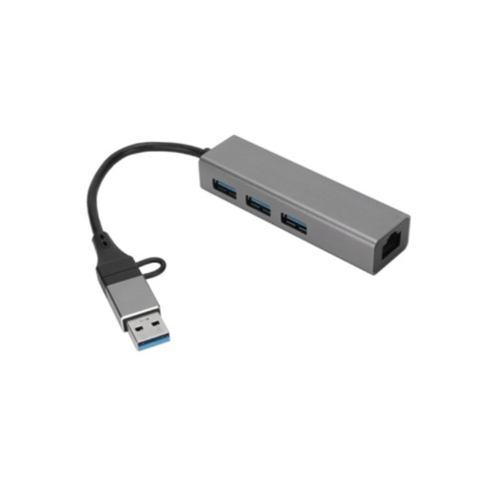 USB 3.0 Hub, 4 portos, alumínium, USB C - RJ45, Plug and Play, ezüstszürke