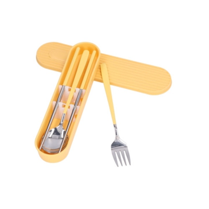 Set tacamuri reutilizabile din otel inoxidabil 304, furculita, lingura si betisoare, pentru studenti si profesionisti