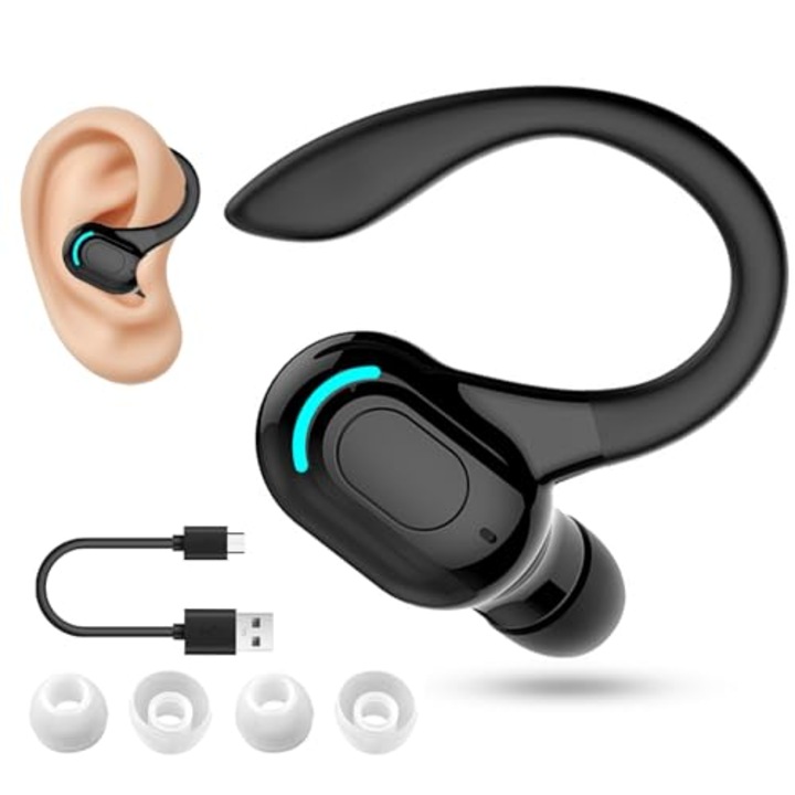 Casca Bluetooth mono wireless V5.2, cu microfon incorporat, hands-free, autonomie de pana la 20 ore, cu carlig pentru ureche, compatibila cu iPhone, Android, PC, pentru birou, condus, afaceri si sport