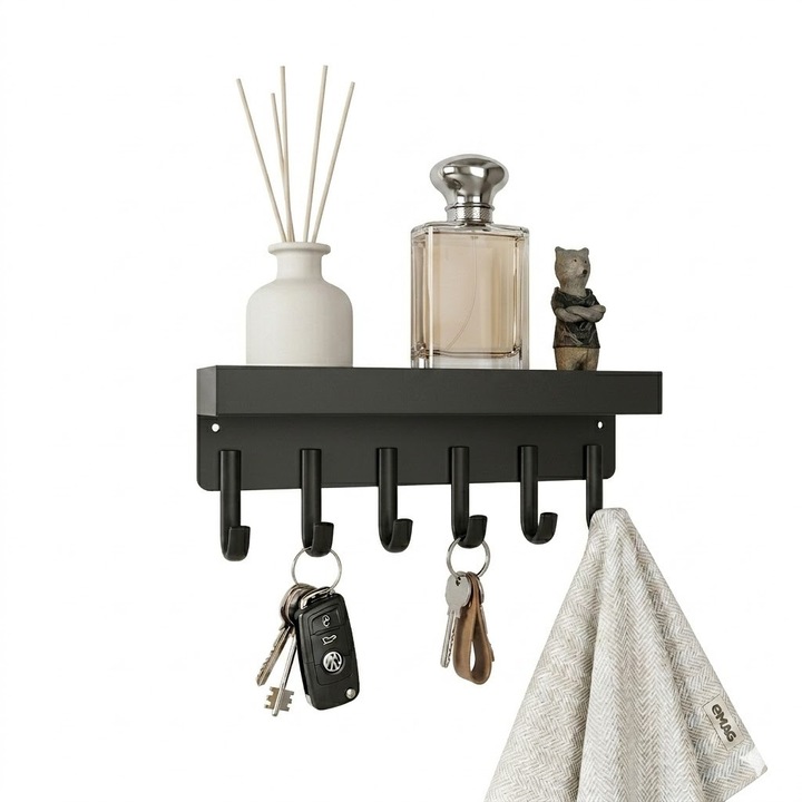 Cuier Perete Ruhhy, Multifunctional cu Raft si Magnet, 6 Carlige, Montaj Magnetic sau Fix, Design Loft, Metal Durabil, Negru Mat