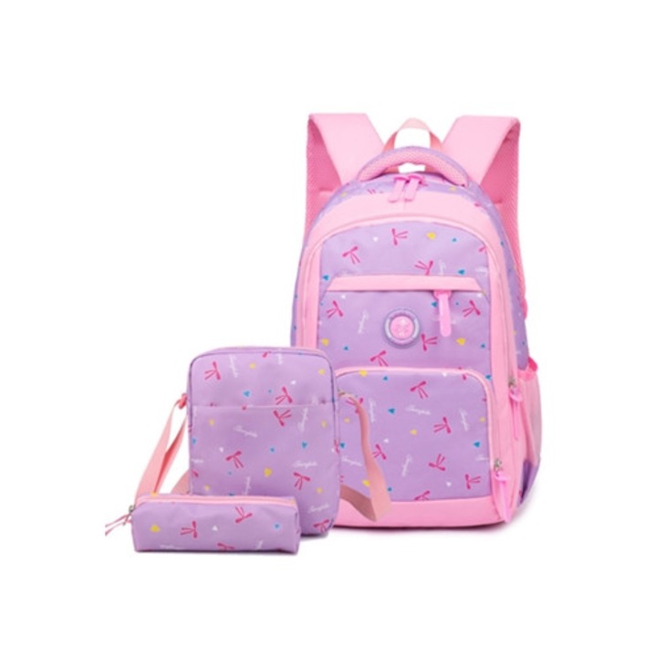 Ghiozdan scolar imprimat 2023, set 3 piese, pentru fete