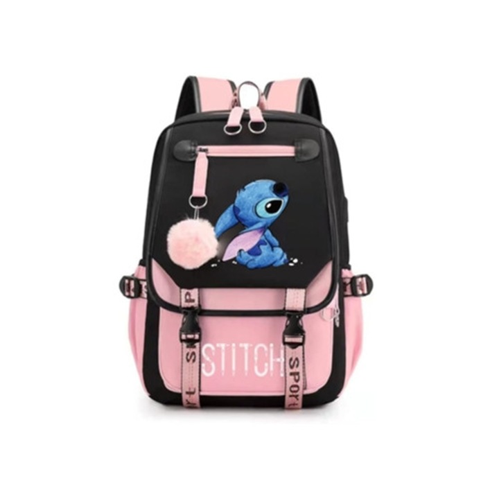 Ghiozdan scolar pentru fete, design cusut, capacitate mare, roz si multicolor