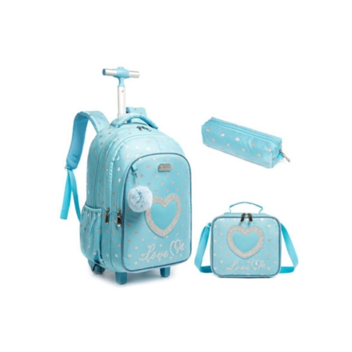 Ghiozdan cu roti pentru copii, set cu cutie de pranz, multicolor