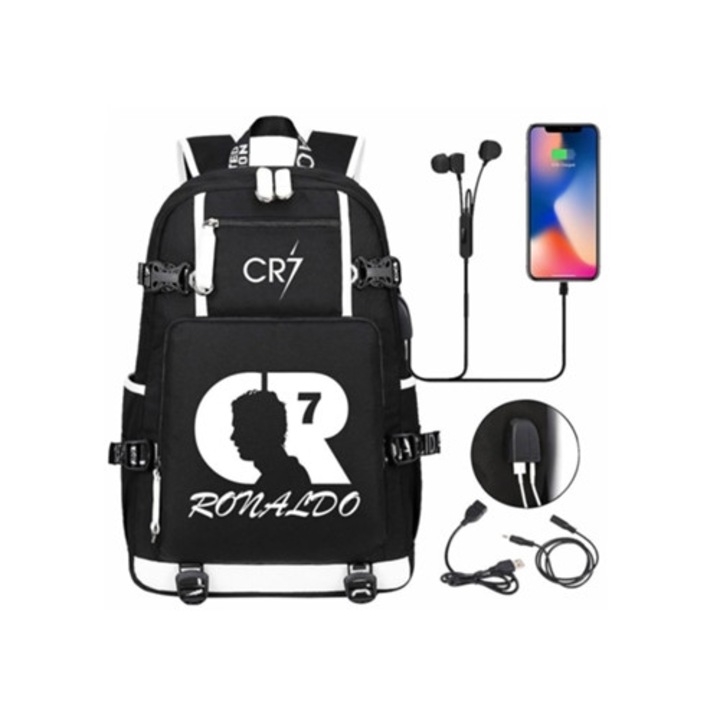 CR7 Soccer Super Stars fekete hátizsák USB-vel, iskolába, uniszex