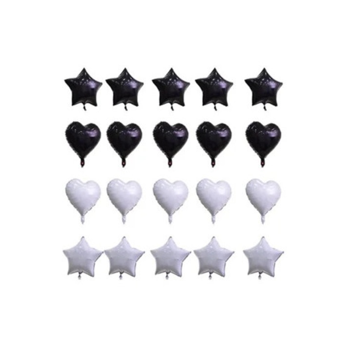 Set 20 Baloane din Aluminiu in Forma de Inima si Stea, Alb si Negru