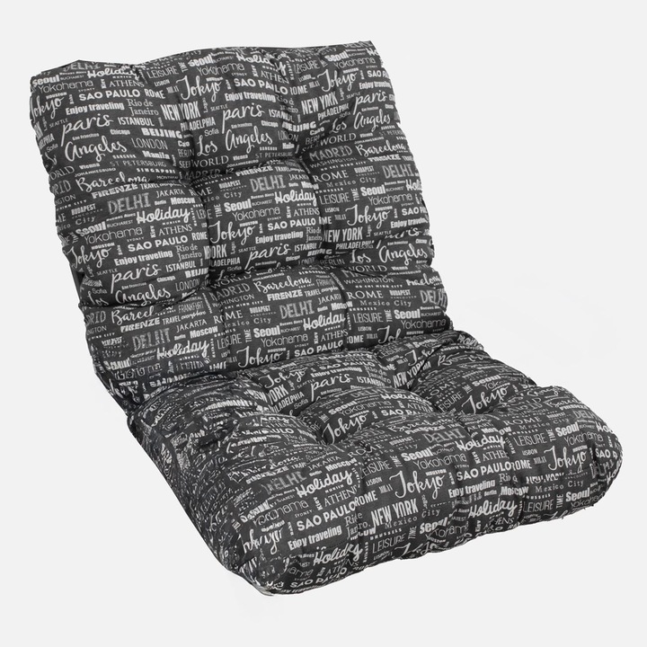 Perna pentru scaun exterior cu spatar, fixare cu snururi, imprimeu text urban, gri, dimensiune 100x50 cm