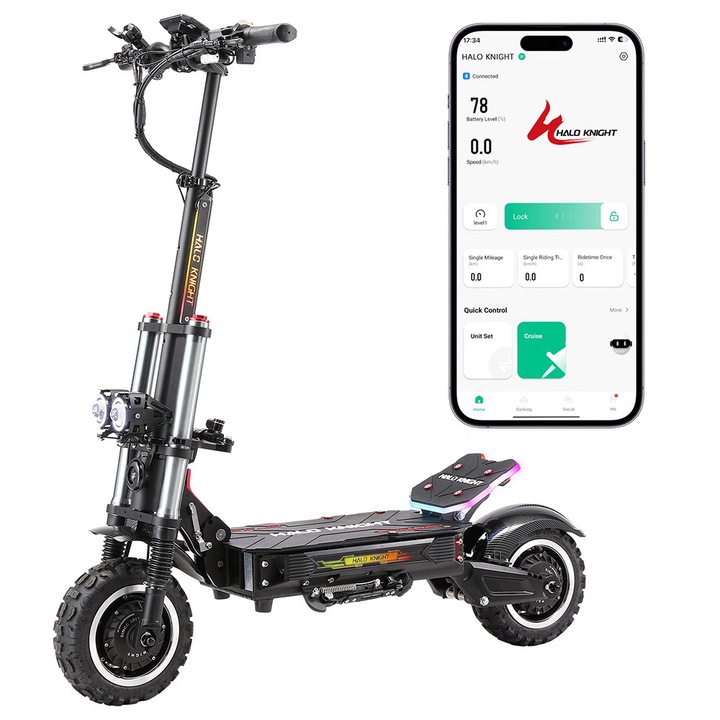 Trotineta Electrica Halo Knight T107 Pro (Versiunea 2025), Motoare 2x3000W, Baterie 60V 38.4Ah, Anvelope 11 inch, Viteza Maxima 95km/h, Autonomie 80km, Frane Hidraulice Duble, Suspensie Hidraulica Fata si pe Arc Spate