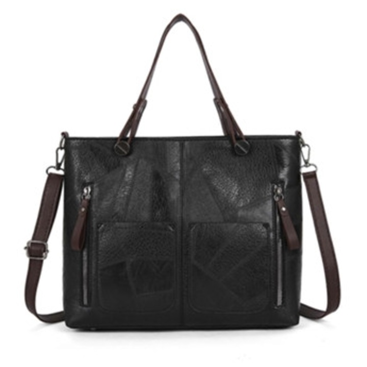 Geanta dama vintage din piele PU, capacitate mare, doua buzunare, manere superioare, culoare solida