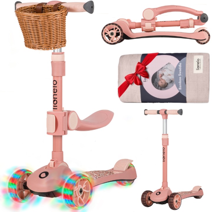 Rollerező, Lionelo, Franky, Multifunkcionális, Összecsukható, 50 kg-ig, 3 kerekű kerékpár és egyensúly roller, Állítható kormány, Levehető ülés, LED kerekek, Megfelel az EN71, EN62115 szabványoknak, 12 hónap+, Rózsaszín, + TAKARÓ