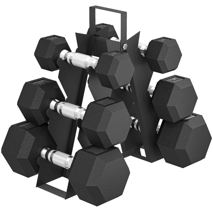 Set de Gantere, SPORTNOW, Metal, Cauciuc, 34 x 10 x 32 cm, Negru