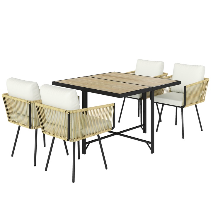 Set de Pranz din Ratan pentru Terasa, Outsunny, Ratan PE, metal, 110 x 110 x 74 cm, Natural, Bej