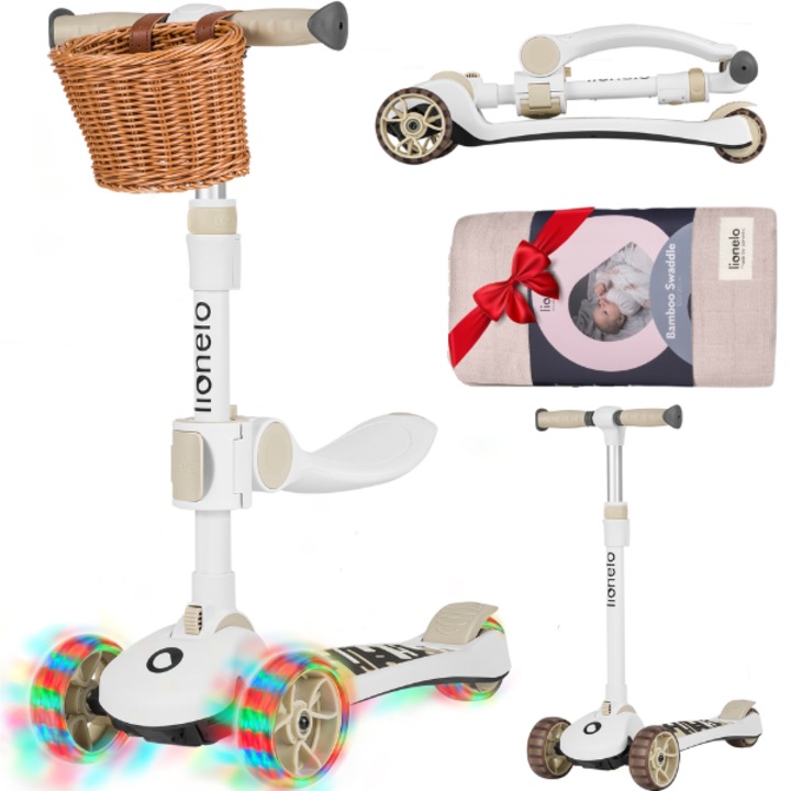 Rollerező, Lionelo, Franky, Multifunkcionális, Összecsukható, Akár 50 kg-ig, 3 kerekű kerékpár és egyensúly roller, Állítható kormány, Levehető ülés, LED kerekek, Megfelel az EN71, EN62115 szabványoknak, 12 hónap+, Bézs, + TAKARÓ