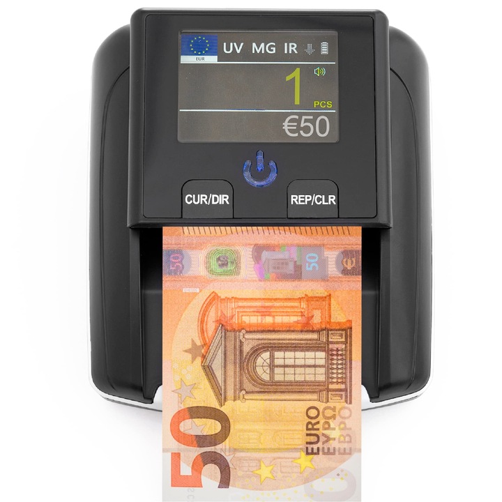 Detector bancnote false si contor monede euro 2 in 1, cu verificare UV MG IR, portabil compact, culoare negru