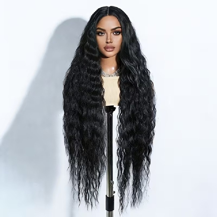 Perucă neagră, lungă, creț, fibra sintetică, 81 cm, universală