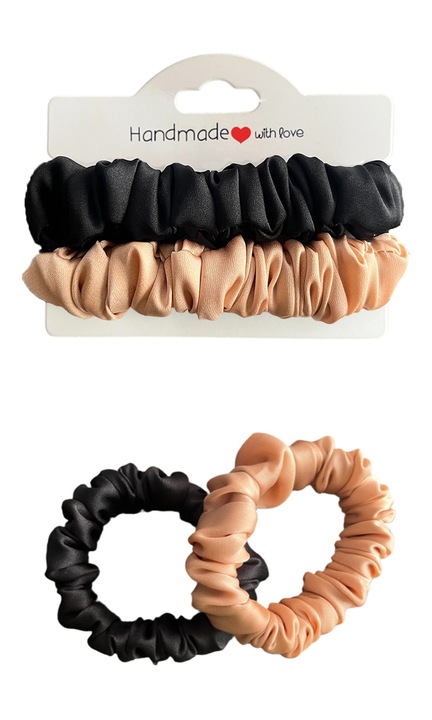 Set 2 elastice de păr scrunchie Alma din mătase satinată, Negru și Butterscotch, 1.2cm