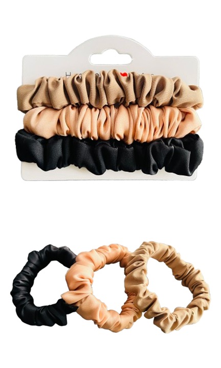Set 3 elastice de par scrunchie Alma, matase satinata, Caffe, Negru, 1.2cm