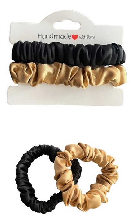 Set 2 elastice de păr scrunchie Alma, matase satinată, auriu și negru, 1.2cm