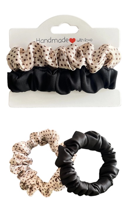 Set 2 elastice de păr scrunchie Alma, matase satinat, bej cu buline și negru, 1.2cm