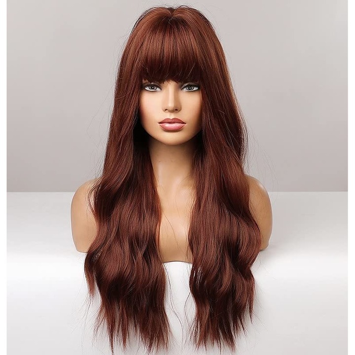 Perucă lungă ondulată cu breton, castaniu deschis, 56 cm