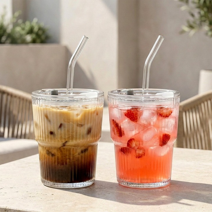 Set 2 Cani Sticla Transparenta Striata Vilde 340ml, Capace Etanse, Paie Sticla