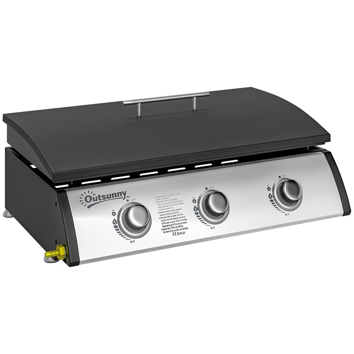 Outsunny Plita pe Gaz din Otel Smaltuit cu 3 Arzatoare Putere 7.5kW, 3 Zone de Gatit si Capac, Negru
