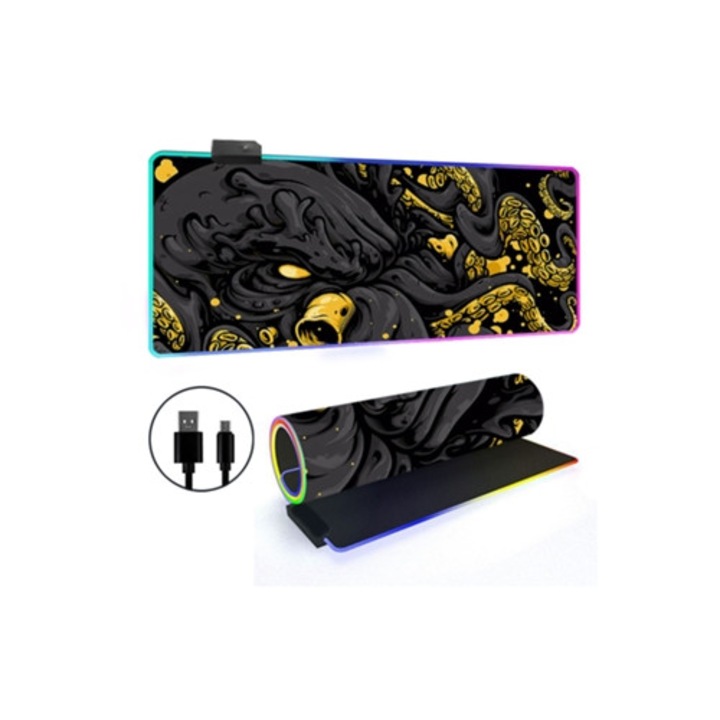 Mousepad Octopus galben cu iluminare RGB, margine antiderapanta, 400x800x3mm