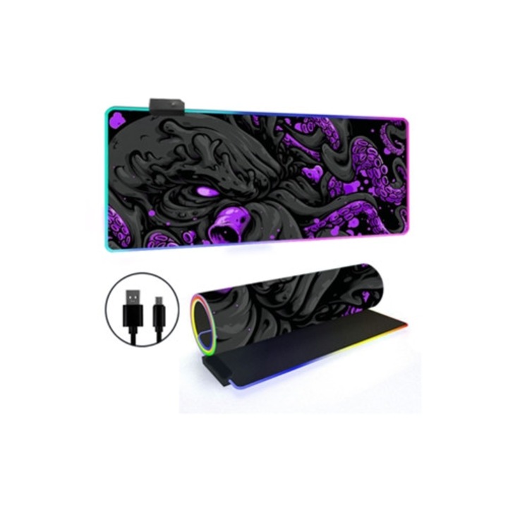 Mousepad RGB cu iluminare de fundal, design caracatita mov, 300x600mm