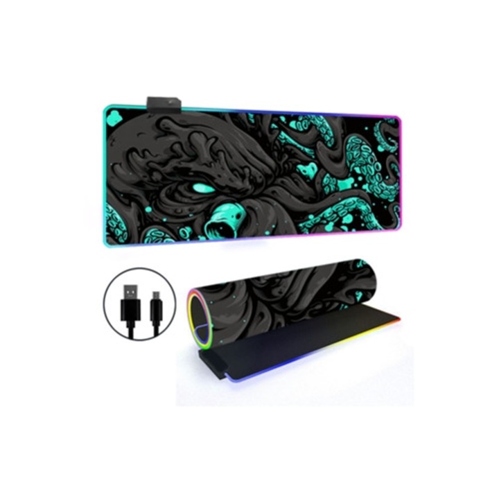 Mousepad RGB cu iluminare de fundal, design caracatita verde, 300x800mm