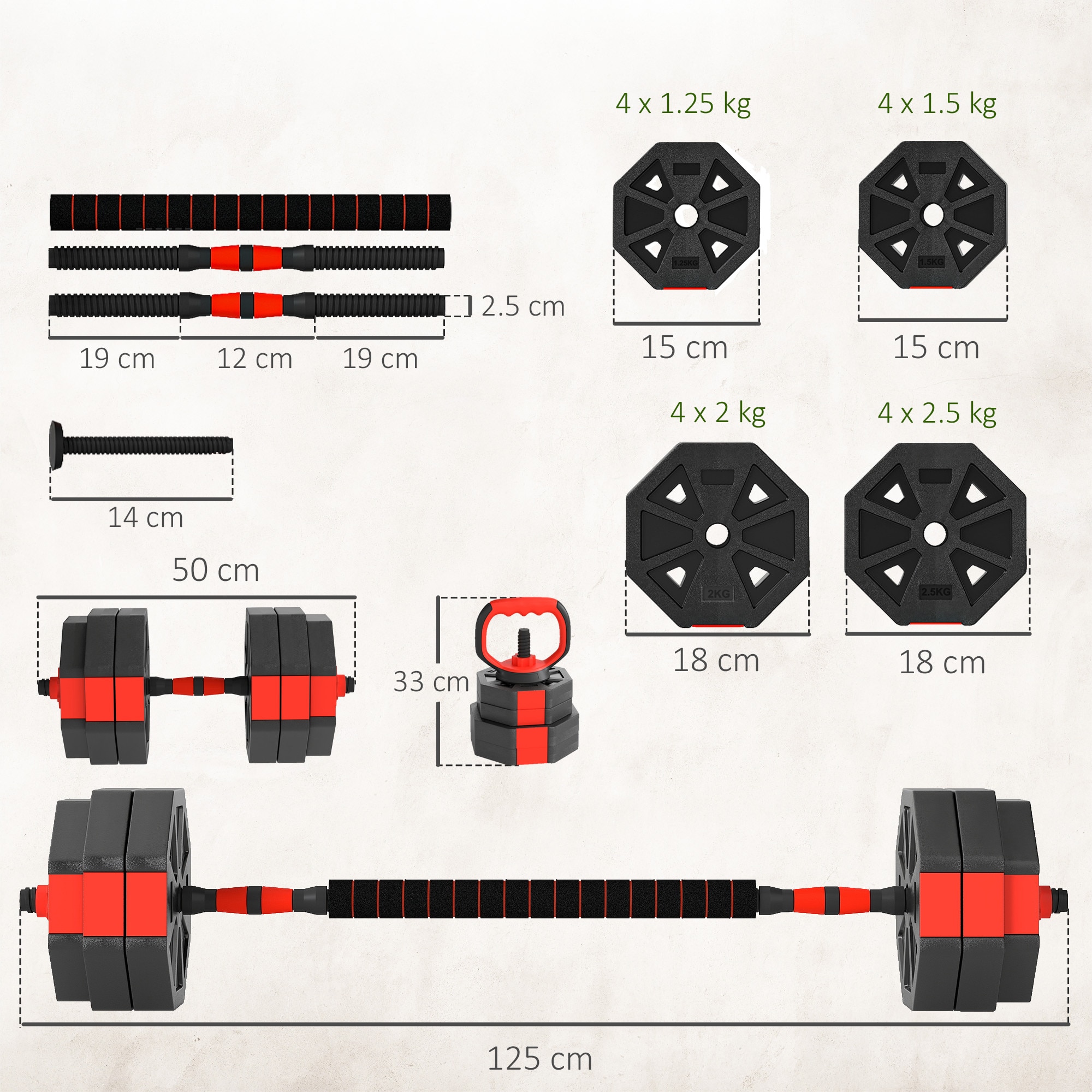 SPORTNOW Set de Greutati pentru Sala 4 in 1 de 30kg, Convertibil in ...