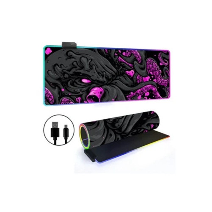 Mousepad RGB cu iluminare de fundal, design caracatita roz, 400x900mm