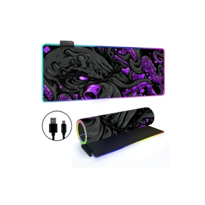 Mousepad RGB cu iluminare de fundal, design caracatita mov, 300x800mm