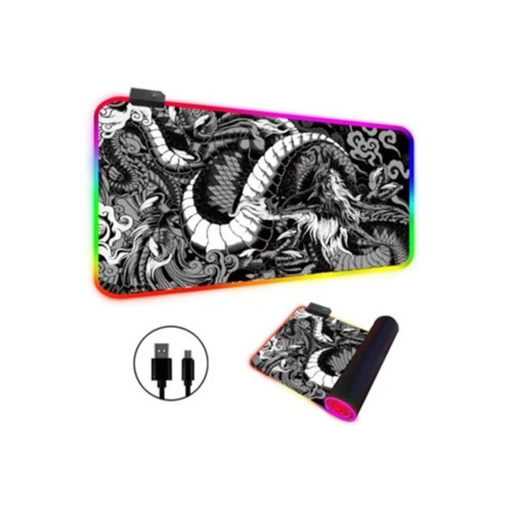 Mousepad RGB LED, Large Dragon, negru, 300x600mm