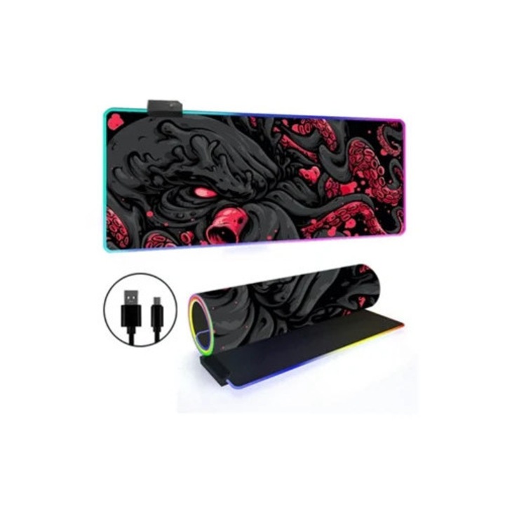 Mousepad RGB iluminat Red Octopus Monster, 300x600mm, margine antiderapanta