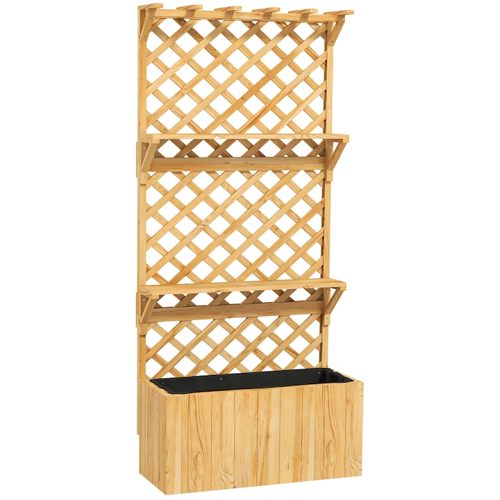 Outsunny Jardiniera cu Spalier pentru Plante Agatatoare, Gauri de Drenaj si 2 Rafturi, din Lemn de Brad, 76x33x177 cm