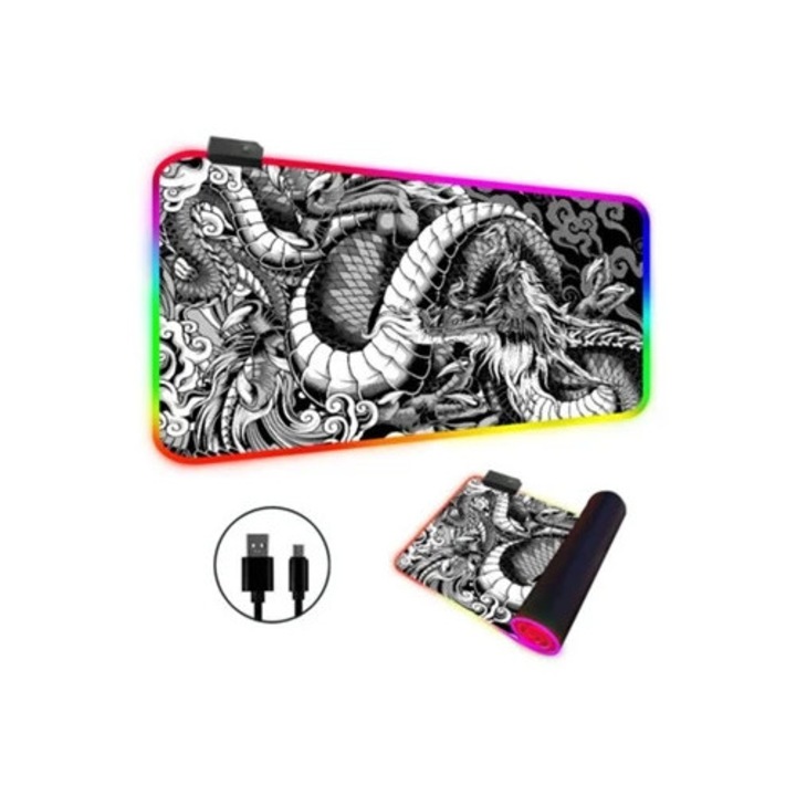 Mousepad RGB LED, design dragon mare, alb, 400x800mm