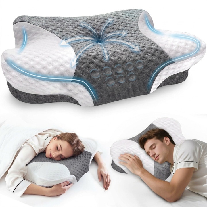 Perna ortopedica Leccik® din spuma cu memorie, design ergonomic pentru sustinere cervicala, inaltime dubla reglabila, husa detasabila si respirabila, amelioreaza durerile de gat, culoare Alb