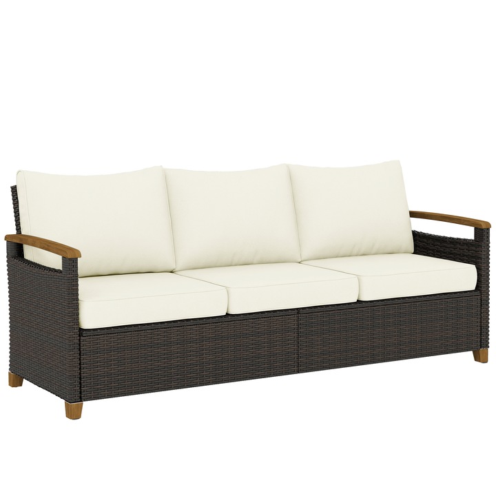 Canapea din Ratan cu 3 Locuri, Outsunny, Ratan PE, Otel, 192 x 74 x 79 cm, Crem, Maro