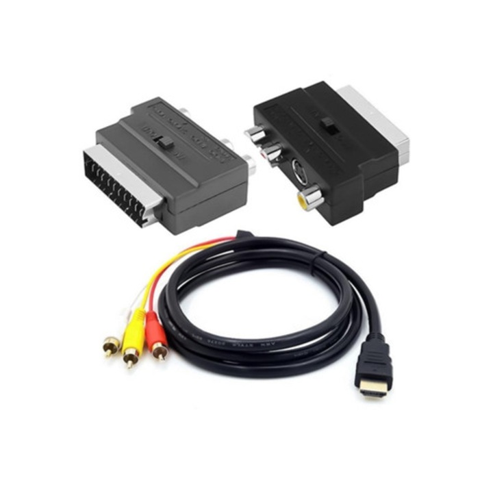 S-Video audio kábel, apa, 3 RCA-val, Scart-ról 3 RCA-ra adapterrel, HDMI 1080p kompatibilis