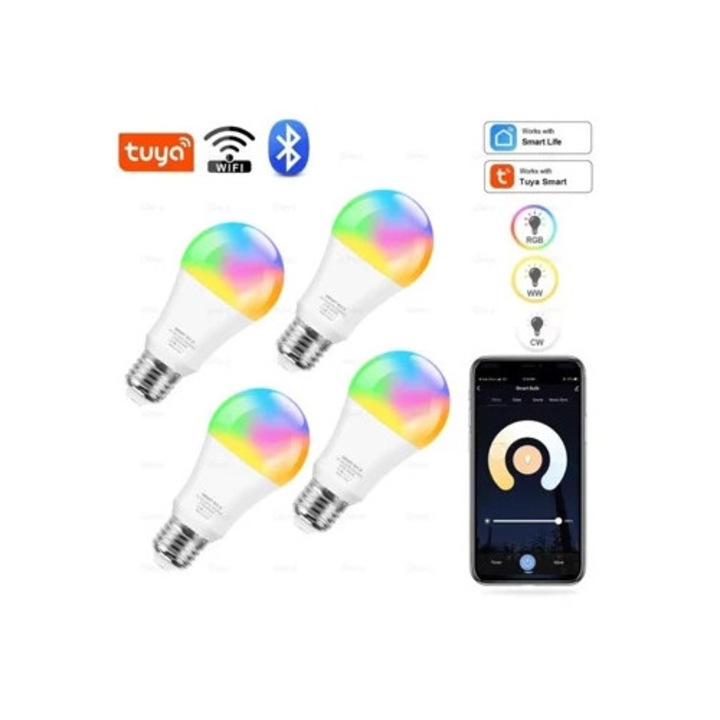 Bec LED inteligent Tuya, E27, RGB, WiFi/Bluetooth, 110V-220V